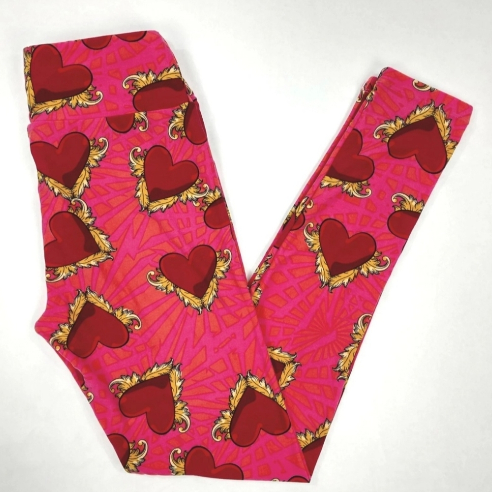 LuLaRoe Valentines Leggings Sliming Hearts & Feathers One Sizr